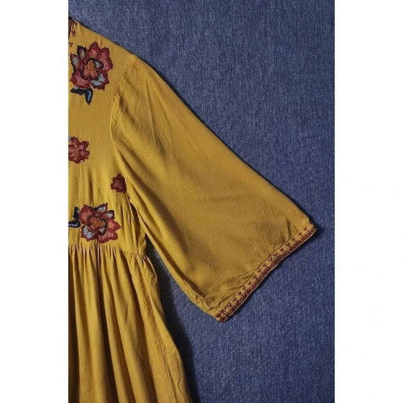 Sangria Dress Women's Large Yellow Embroidered V-Neck Long Sleeve - Picture 7 of 9